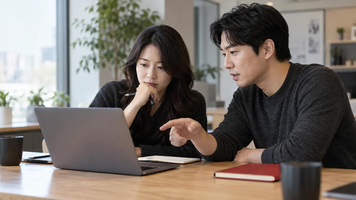 노트북을 함께 보며 블로그 콘텐츠를 검토하는 두 사람