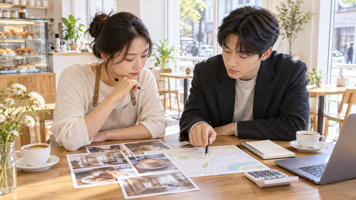 밝은 카페에서 광고 자료와 지역 지도를 검토하는 점주와 실무자
