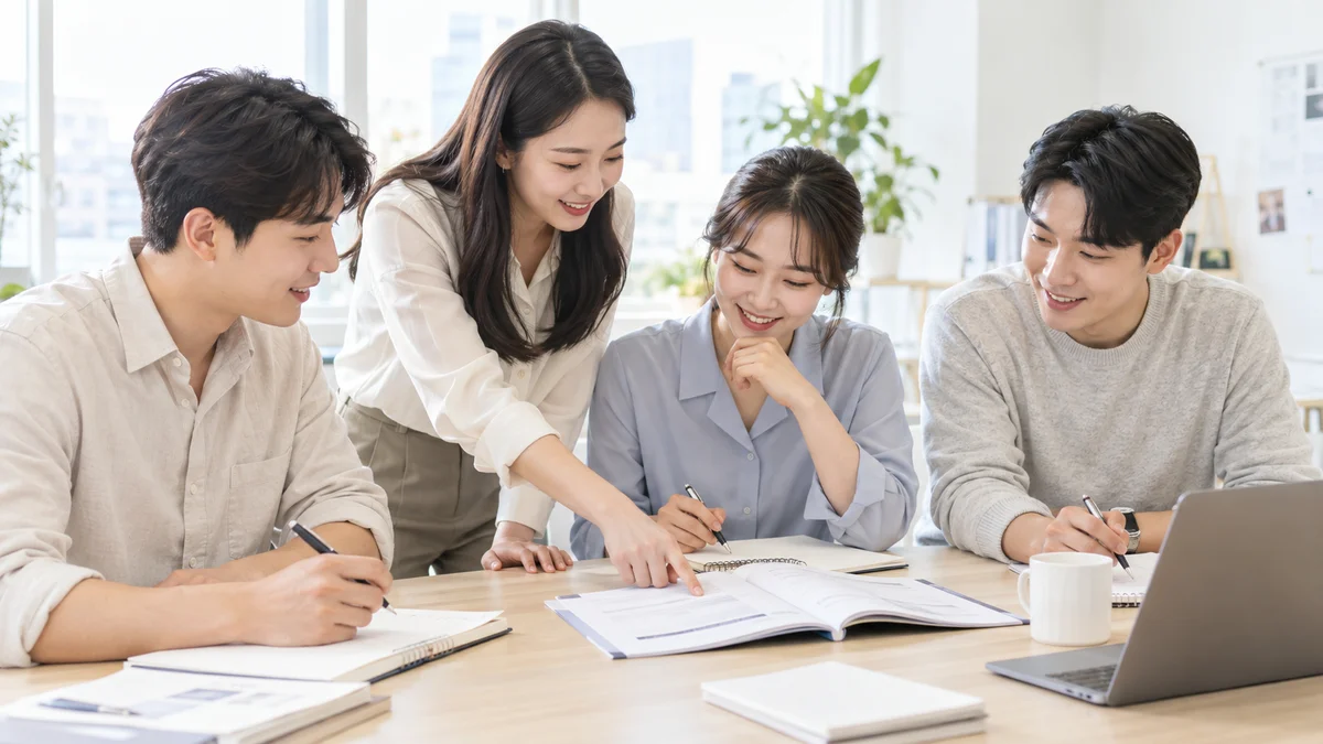 밝은 사무실에서 워크북을 함께 검토하는 네 명의 실무자