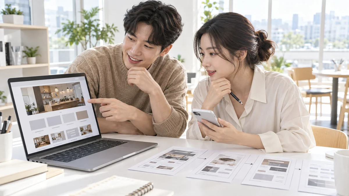 노트북과 휴대전화로 상세페이지 구성을 검토하는 두 실무자