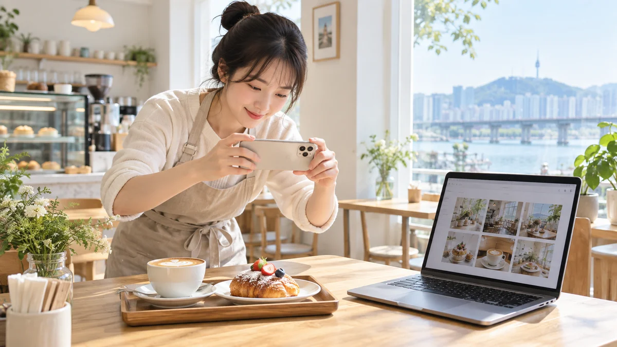 밝은 카페에서 커피와 디저트를 스마트폰으로 촬영하는 점주