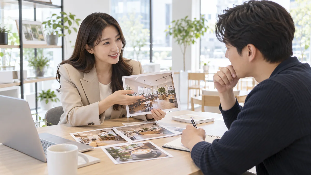 매장 소개 사진을 보며 가맹 상담을 진행하는 두 사람