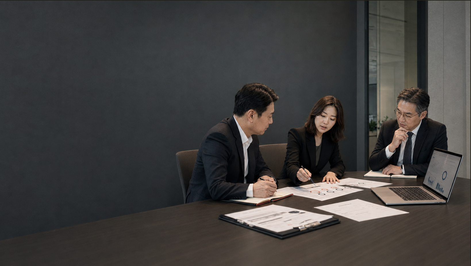 회의 테이블에서 자료를 살펴보며 토의하는 사람들