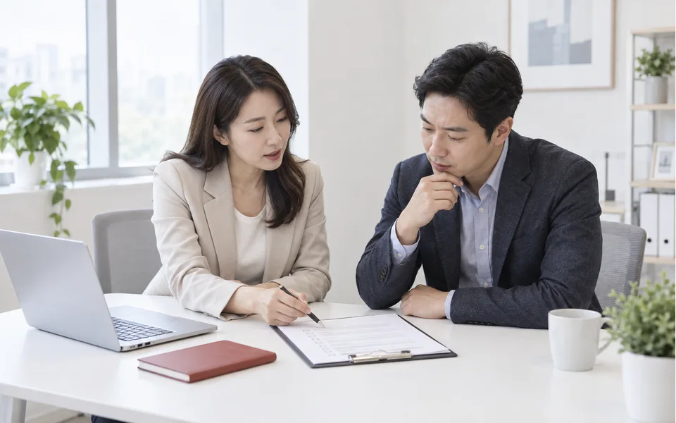 밝은 상담 공간에서 담당자와 예비 창업자가 체크리스트를 함께 검토하는 장면
