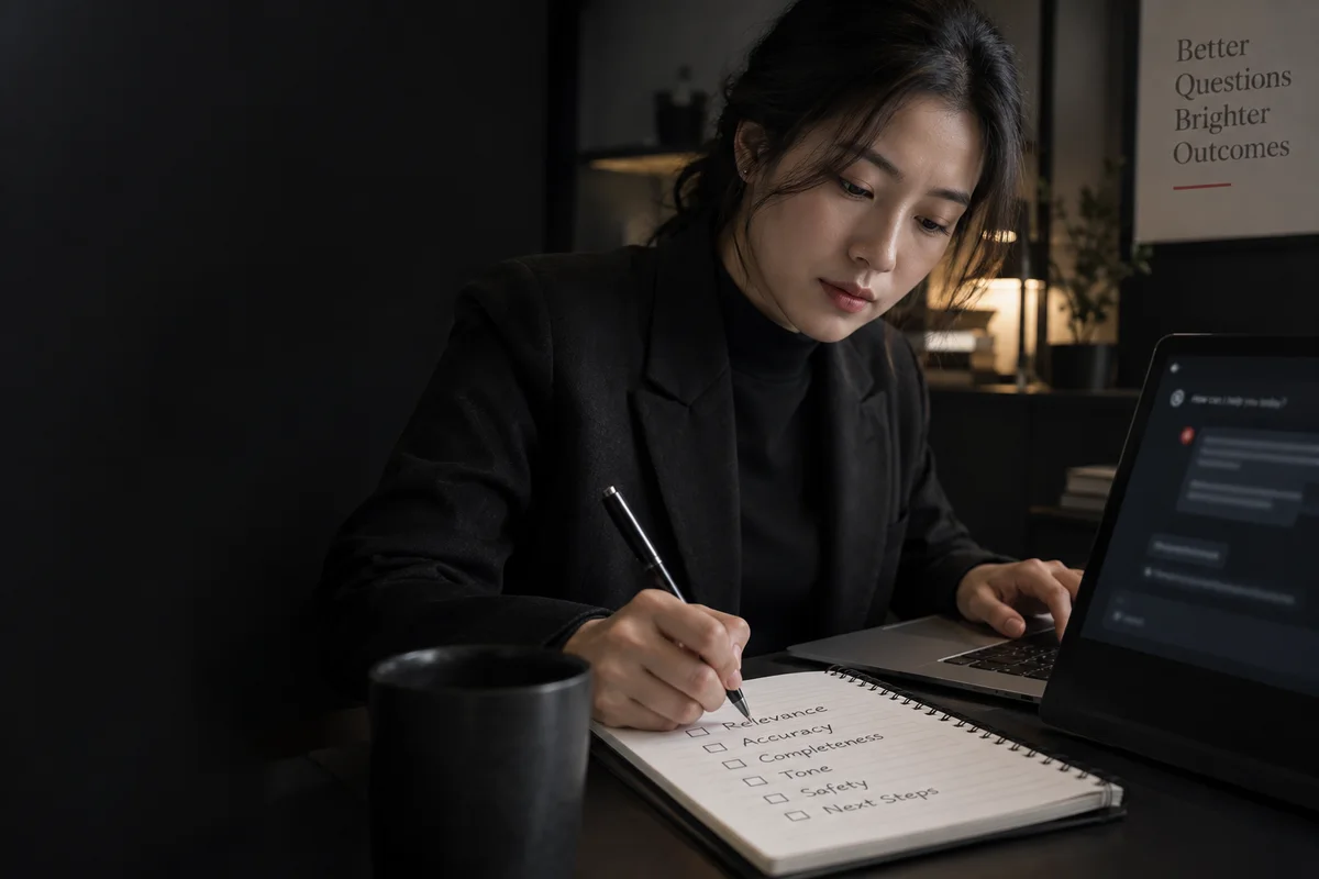 AI 답변과 공식 정보를 비교하며 점검 기록을 남기는 장면 · AI 생성 서비스 설명 이미지