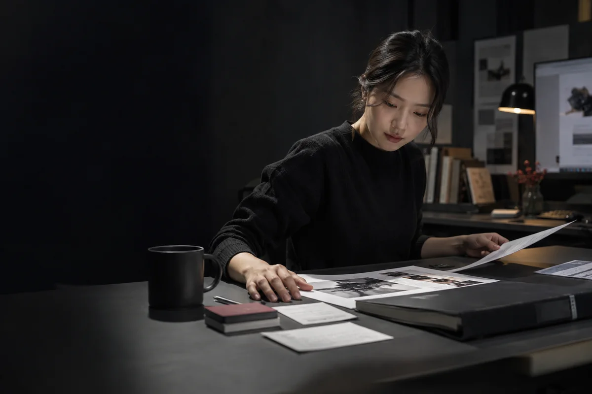검색·질문·브랜드 근거 자료를 함께 정리하는 장면 · AI 생성 서비스 설명 이미지