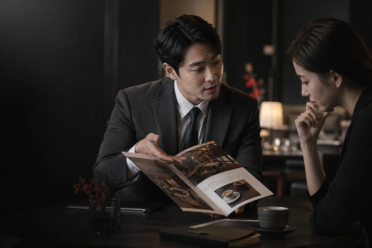 매장 소개 자료로 가맹 상담을 진행하는 장면 · AI 생성 서비스 설명 이미지